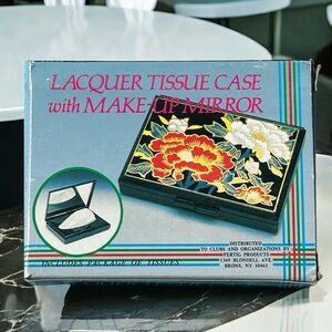 - 1980s Lacquer Tissue Case with Make-Up Mirror - Asian Theme Tissue Box vintage